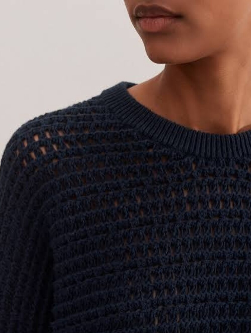 Open Knit Crewneck Sweater - Navy